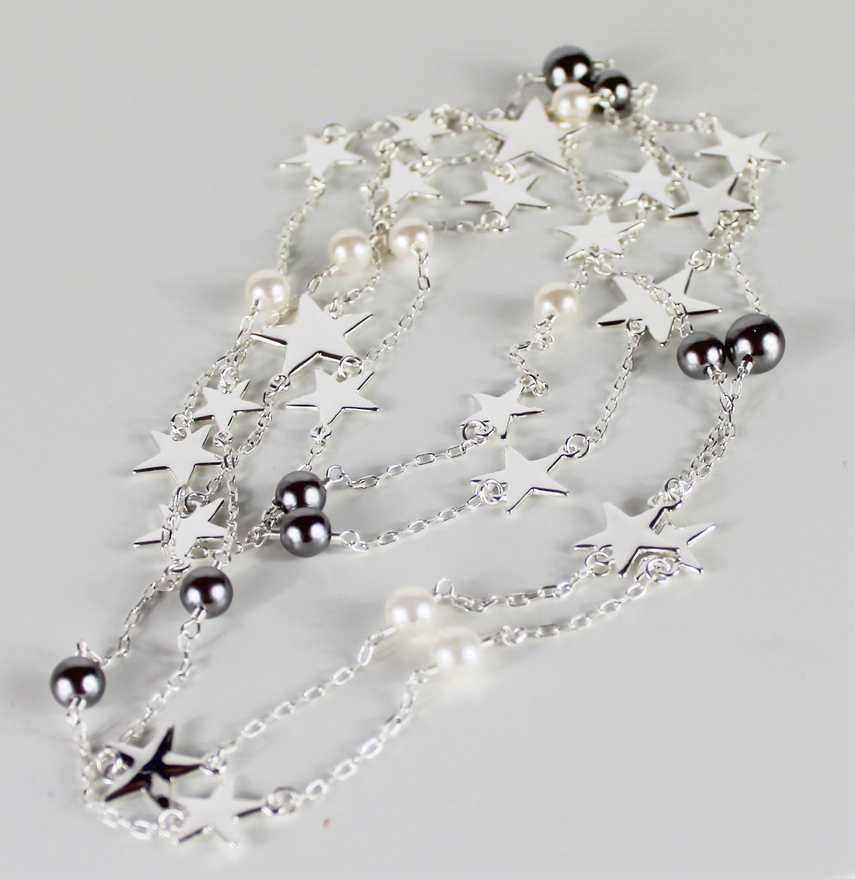 Star and pearl very long silver necklace